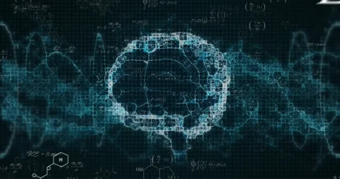 Calculus appearing, wireframe brain growing, pulsing and merging formulas, Stock Footage 329533844