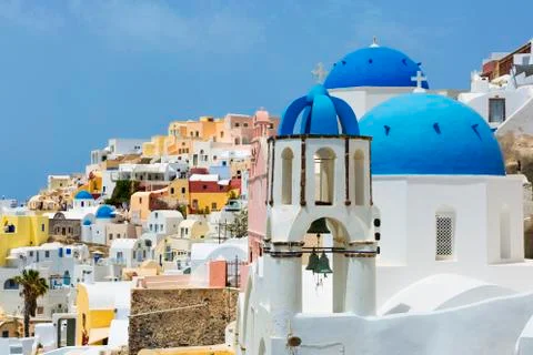 Caldera with blu domes Stock Photos