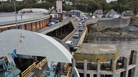 Caledonian MacBrayne ferry, MV Bute, loading vehicles at Wemyss Bay terminal Stock Footage 314910589