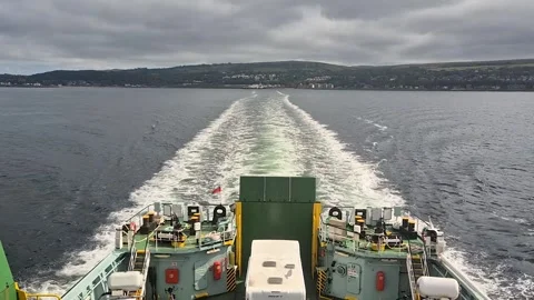 Caledonian MacBrayne ferry MV Bute's wake as it leaves Wemyss Bay, Ayrshire Stock Footage 314910586