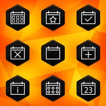 Calenadar. Hexagonal icons set on abstract orange background Stock Illustration
