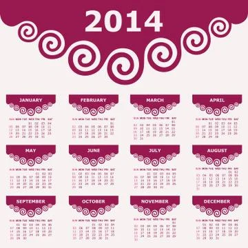 Calendar of 2014 with spiral design - vector illustration Stock Illustration