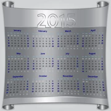 Calendar 2015 vector Sunday first american week 12 months silver metallic Stock Illustration