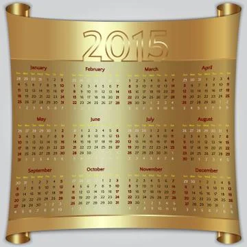 Calendar 2015 vector Sunday first american week 12 months golden metallic Illustrazione stock