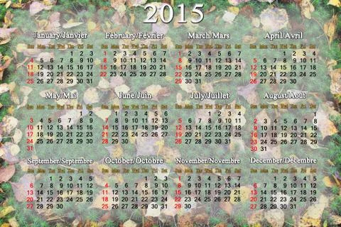 Calendar for 2015 year on the background of moss and leaves Stock Illustration