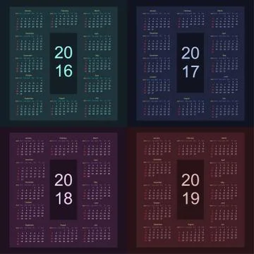 Calendar 2016 2017 2018 2019 starting from sunday Stock Illustration