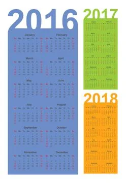 Calendar for 2016, 2017 and 2018 year, vector Stock Illustration