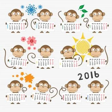 Calendar 2016 with cute monkeys Stock Illustration