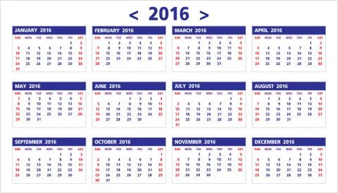 Calendar of 2016 Stock Illustration
