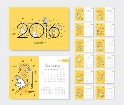 Calendar for 2016 with monkeys Stock Illustration