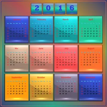 Calendar 2016 vector Sunday first 12 months rainbow on dark Stock Illustration