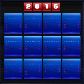 Calendar 2016 vector Sunday first 12 months, blue on black Stock Illustration