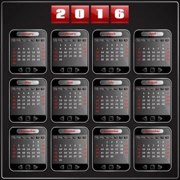 Calendar 2016 vector Sunday first 12 months, techno gadget digital style Illustrazione stock