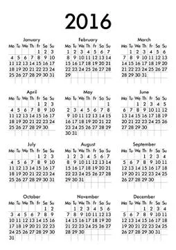 Calendar for 2016 on White Background. Week Starts Monday. Simple Vector Temp Stock Illustration
