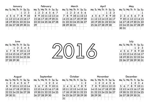 Calendar for 2016 on White Background. Week Starts Monday. Simple Vector Temp Stock Illustration
