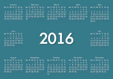 Calendar for 2016 on White Background. Week Starts Monday. Simple Vector Temp Stock Illustration