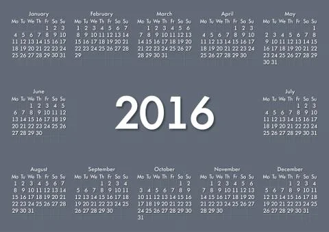 Calendar for 2016 on White Background. Week Starts Monday. Simple Vector Temp Stock Illustration
