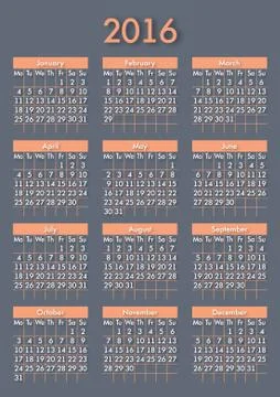 Calendar for 2016 on White Background. Week Starts Monday. Simple Vector Temp Stock Illustration