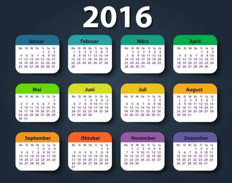 Calendar 2016 year German. Week starting on Monday Stock Illustration