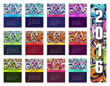 Calendar 2016 year. Set of ethnic ornament banners concept. Art traditional Stock Illustration