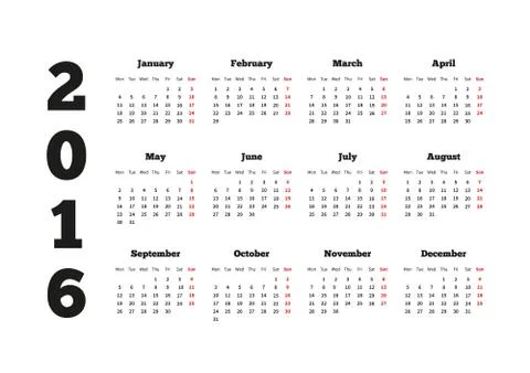 Calendar on 2016 year with week starting from monday, A4 sheet Stock Illustration