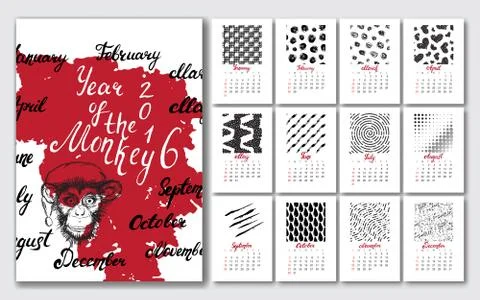 Calendar 2016 year. Year of the monkey Stock Illustration