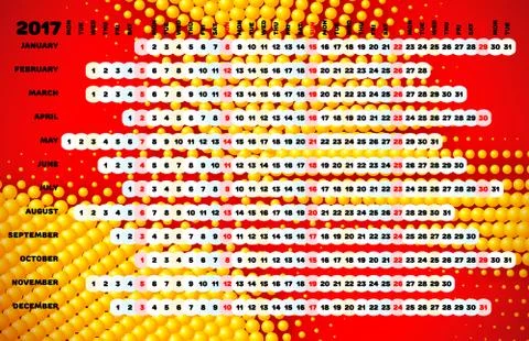 Calendar 2017 with linear calendar grid with days color coding Stock Illustration