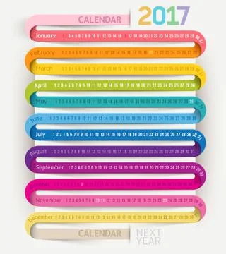 Calendar 2017 print template design ribbon style. Vector illustrations. Illustrazione stock