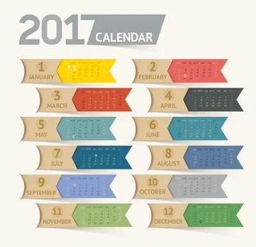 Calendar 2017 print template design ribbon paper style. Vector illustrations. Illustrazione stock