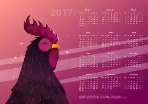 Calendar 2017. Space background with a rooster. Stock Illustration