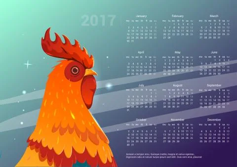 Calendar 2017. Space background with a rooster. Stock Illustration