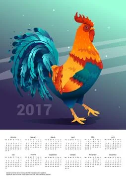 Calendar 2017. Space background with a rooster. Stock Illustration