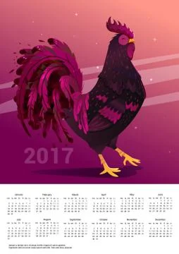 Calendar 2017. Space background with a rooster. Stock Illustration