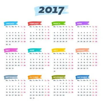 Calendar 2017 weeks start from monday 스톡 일러스트