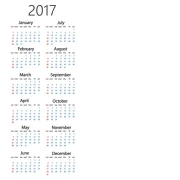 Calendar for 2017 on white background. Stock Illustration