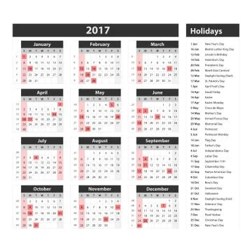 Calendar for 2017 on white background. Vector EPS10. Stock Illustration
