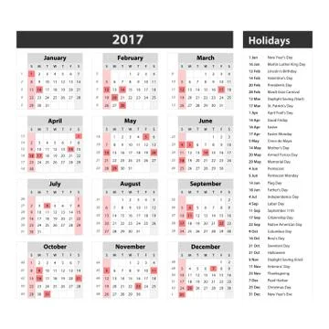 Calendar for 2017 on white background. Vector EPS10. Stock Illustration