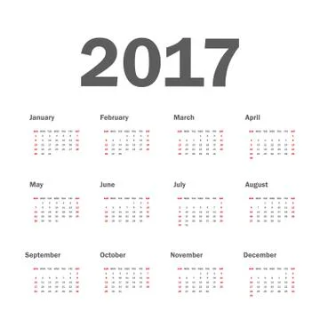 Calendar 2017 On White Background. Week Starts Sunday. Simple Vector Template Stock Illustration