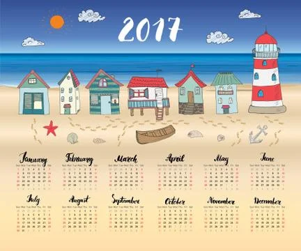 Calendar 2017 Year One Sheet, Vector Hand Drawn Beach Huts and Month Letterin Ilustración de archivo