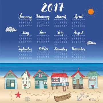 Calendar 2017 Year One Sheet, Vector Hand Drawn Beach Huts and Month Letterin Ilustración de archivo