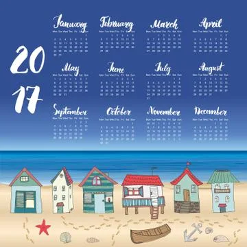 Calendar 2017 Year One Sheet, Vector Hand Drawn Beach Huts and Month Letterin Ilustración de archivo