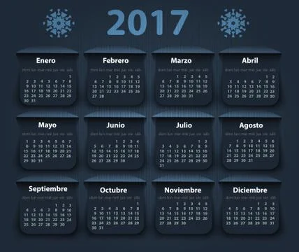 Calendar 2017 year vector design template in Spanish Stock Illustration