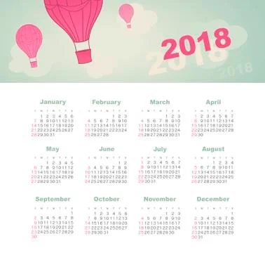Calendar 2018 with balloon, sky, cloud, aerostat Stock Illustration