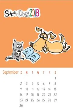 Calendar 2018 with cute funny dog and sad cat Stock Illustration