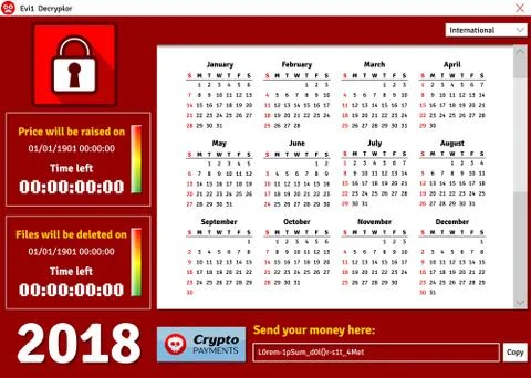 Calendar 2018 horizontal A4 format starts Sunday with cryptolocker virus them Stock Illustration