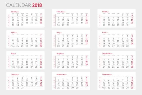 Calendar 2018 with weeks template. Starts on monday Stockillustratie