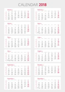Calendar 2018 with weeks template. Starts monday Stock Illustration