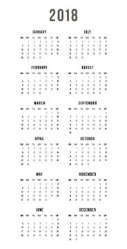 Calendar 2018 On White Background. Week Starts Sunday. Simple Vector Template Stock Illustration