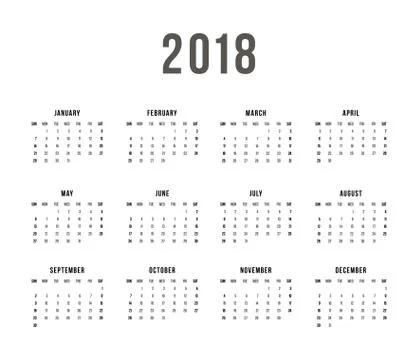 Calendar 2018 On White Background. Week Starts Sunday. Simple Vector Template Stock Illustration