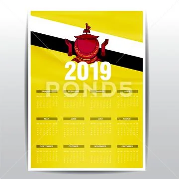 Calendar 2019 Brunei Flag background. English language: Graphic #99344169